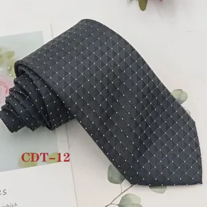 Men's dark grey jacquard woven formal business tie with white grid texture detail.