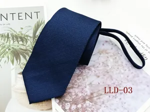 Men's business zipper tie detail view, dark blue classic twill polyester design, ready to wear.