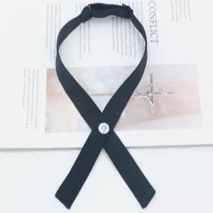 Black cross necktie JK uniform collar ribbon with white button and adjustable strap.