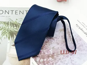 Detailed view of the dark blue striped zipper tie, perfect for business formal wear and events.