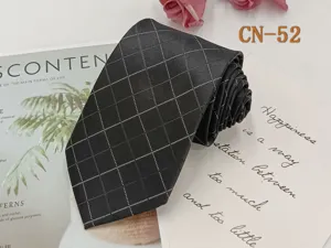 Classic black plaid men's business tie 8cm width polyester jacquard woven formal wear accessory.