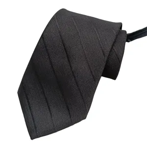 Men's business striped zipper necktie in black, 8cm width pre-tied formal wear main view.