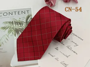 Close-up detail view of red business men's tie with elegant black plaid pattern design.