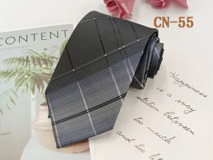 Men's business black gray plaid tie, 8cm wide classic jacquard woven necktie for formal wear.