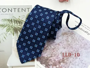 Detailed view of the blue floral patterned zipper necktie, classic design for men.