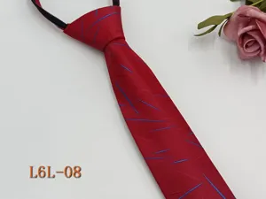 Red slim zipper tie with blue line pattern, detail view showing texture and zipper mechanism.