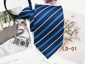 Men's blue striped zipper necktie business formal pre-tied lazy tie easy wear 8cm wide