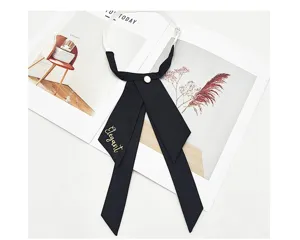 Solid color black JK bow tie with elegant embroidery and pearl detail, college style uniform accessory.