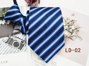 Detail shot of blue striped zipper tie, elegant diagonal stripe design for men's business wear.