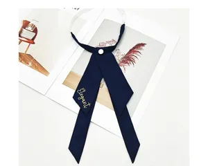 JK style dark blue ribbon tie with gold embroidered Elegant letter and button for uniform.