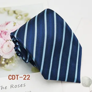 Men's blue striped tie close-up, classic business necktie detail shot showing fine texture.