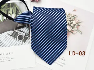 Men's blue striped zipper necktie for business wear, easy-to-wear lazy tie style.