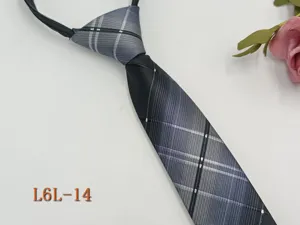 Men's formal business zipper necktie, Korean style narrow plaid striped design pre-tied tie.