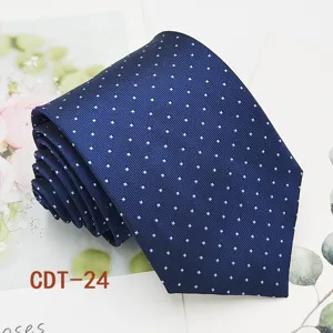 Men's business dark blue tie with light blue dotted jacquard pattern for formal wear.