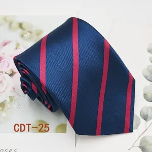 Men's business formal striped tie in deep blue with pink stripes, polyester jacquard.