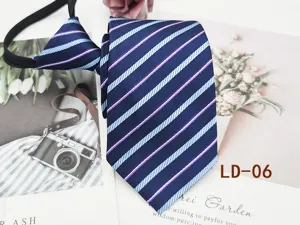 Men's business zipper tie navy blue with light blue purple stripes office formal necktie