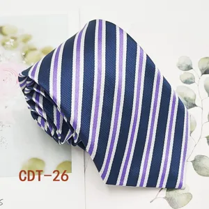 Closeup of striped men's necktie in navy blue, white, and purple, elegant design for business wear.