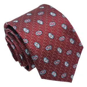 Classic burgundy men's business necktie featuring elegant woven paisley jacquard pattern.
