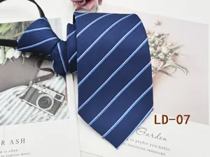 Blue striped zipper necktie detail, classic business formal wear accessory for men.