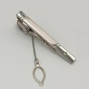 Silver men's business tie clip with safety chain elegant formal wear accessory main view