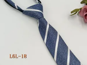 Men's blue striped narrow lazy zip tie, Korean style business formal fashion necktie for daily wear.