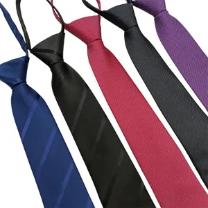 Men's business formal zipper necktie pre-tied polyester tie wedding solid striped classic style