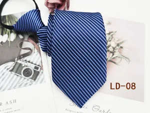 Blue striped zipper tie detail, classic business necktie for men, professional wear accent.