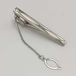 Silver metal men's tie clip with security chain and crystal accent for business formal wear.