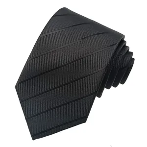 Classic black striped business necktie rolled up on clean white background main view