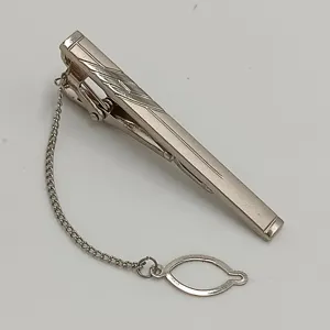 Silver tie clip for men, elegant business metal tie bar with chain for formal office suits.