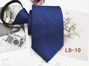 Men's business blue striped zipper tie, classic professional lazy necktie detail view.