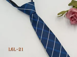 Close-up detail of blue men's striped tie, showing fine fabric texture and neat pattern.