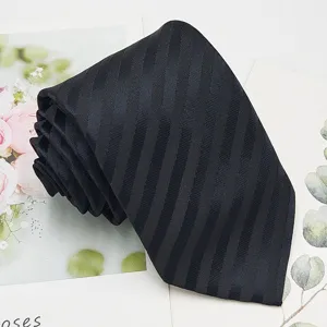 Men's black striped formal business tie, classic jacquard design, perfect for office and events.