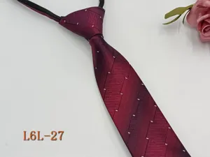 Men's wine red zipper tie with diagonal stripes and white dots, 6cm narrow business tie.