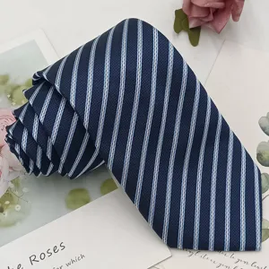 Classic men's navy blue business necktie with stylish white and light blue stripes.