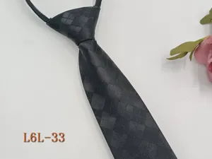 Detail view of dark grey plaid narrow zipper necktie, featuring convenient design.