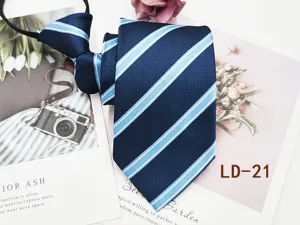 Men's blue striped zipper necktie, formal business lazy tie detail, professional wear.