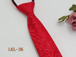 Red zip necktie with elegant swirl pattern, easy pre-tied design for men's business wear.