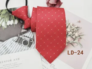 Detail view of red zipper tie with white dashed stripes, perfect for business and office wear.