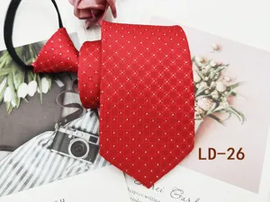Red zipper necktie for men, 8cm business formal wear lazy tie with elegant dot pattern.