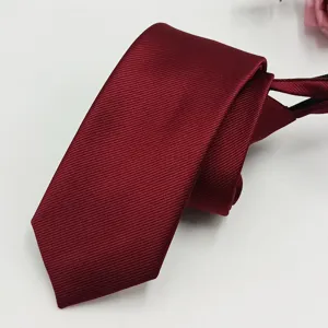 Men's burgundy business striped zipper necktie, 6cm narrow no-tie formal wear tie.
