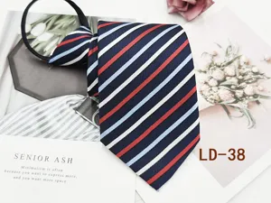 Detailed view of the business zipper necktie with classic diagonal stripes in navy red white.