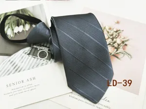 Detail shot of dark grey striped zipper tie, easy-to-use business formal necktie for men.