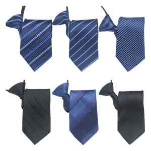 Men Business Zipper Tie Polyester Striped Pre Tied Necktie Formal Office Career Workplace Neck Wear Accessory