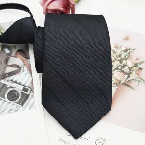 Men black striped zipper tie formal business necktie pre-tied convenient workplace 8cm