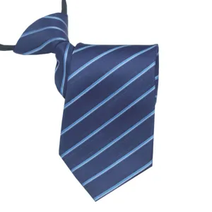 Men's business blue striped pre-tied zipper necktie for formal office workplace wear stylish.