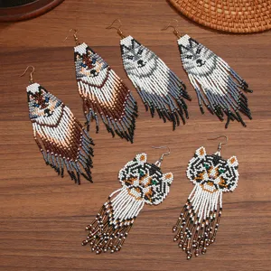 Bohemian Handmade Seed Bead Tassel Earrings Animal Wolf Tiger Pattern Fringe Ear Hooks Fashion Jewelry For Women Gift