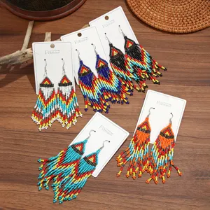 Bohemian Handcrafted Beaded Tassel Dangle Earrings Ethnic Geometric Triangle Fringe Drop Earrings Vacation Jewelry For Women