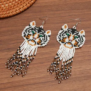 Boho handmade seed bead tiger fringe earrings ethnic long dangle statement jewelry.