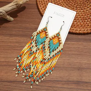 Bohemian handmade beaded fringe dangle earrings, long geometric seed bead hook earrings for women